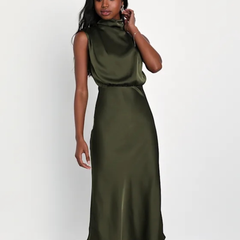 Lulu's Satin Olive Midi Dress